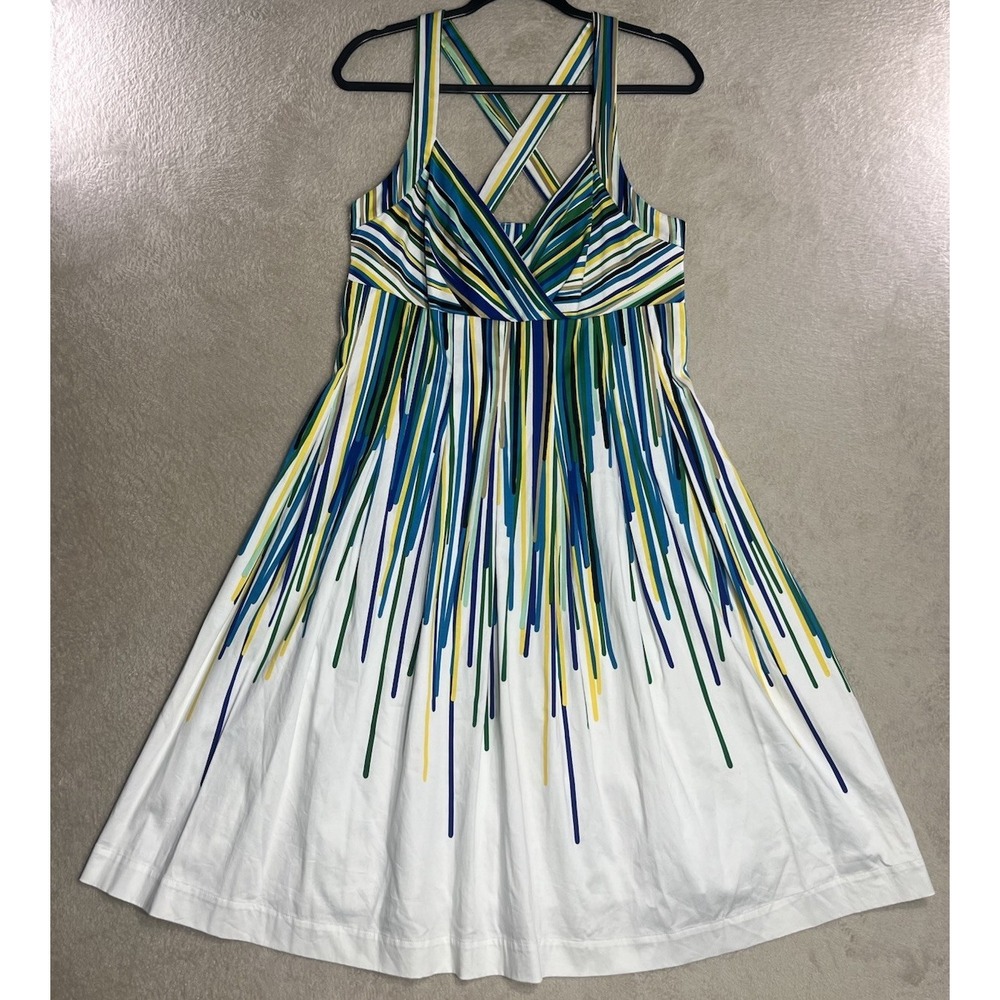 Calvin Klein Sun Dress Womens 14 White Multicolor Drip Stripe Empire Fit Flare